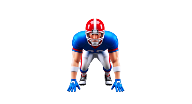 ready for the blitz 3d cartoon american football player, intense focus, powerful stance, game asset, isolated on transparent background