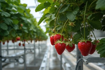 Red strawberries growing on branches in an eco-friendly farm setup. Close-up of strawberries with selective focus.