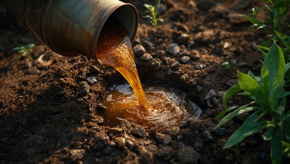 Manually applying natural liquid fertilizer to prepared soil for planting