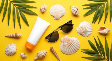 Summer vacation essentials flat lay with sunscreen, sunglasses, and seashells on a yellow background