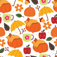 autumn vibe seamless pattern with cartoon cat. cute autumn element drawing for wallpaper and background