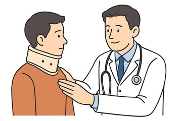 Fototapeta premium Medical illustration of a doctor examining a patient wearing a cervical neck brace after an injury 