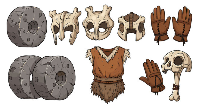 Cartoon caveman warrior accessories isolated on white background for design
