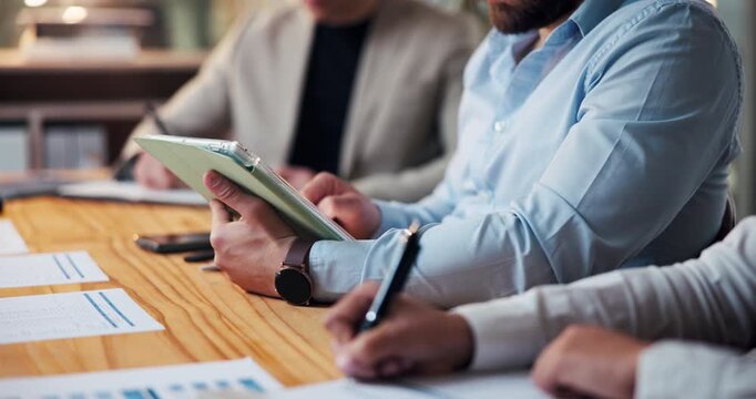 Hands, notes and tablet with business people in boardroom for meeting or upskill workshop. App, schedule and seminar with employee team at table in office together for development or training