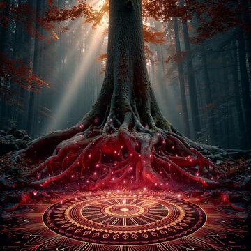 chakra majestic tree mystical red the roots, low root with glowing cinematic base, --motion spiritual 1_4K_10s forest, mandala energy illustration, grounding ancient at powerful deep 1_1 25671383 1