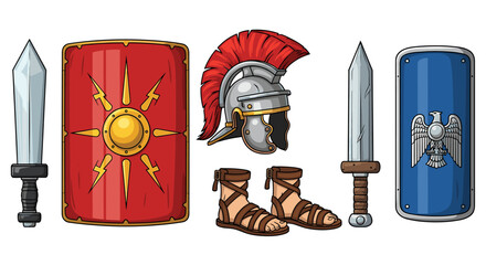 Cartoon Set Depicting Ancient Roman Soldier Equipment and Elements