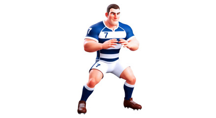 Obraz premium ready to rumble 3d cartoon rugby player model, powerful pose, blue jersey, isolated on transparent background