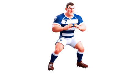 ready to rumble 3d cartoon rugby player model, powerful pose, blue jersey, isolated on transparent background