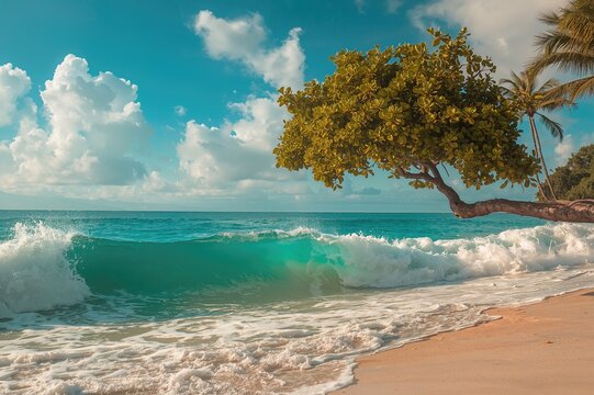 Tropical waves crashing against trees in blue waters