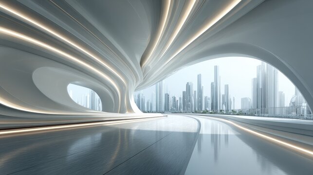 Modern, sleek hall with city view