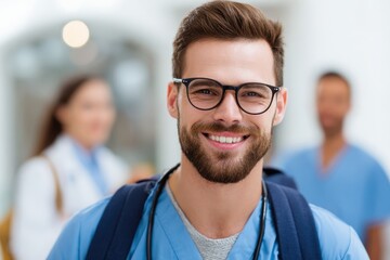 Nurse With Backpack. Closeup of Adult Male Nursing Student Smiling Indoors