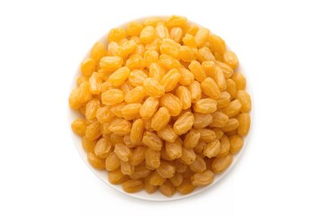 Round Bowl Filled with Yellow Sultanas Raisins on a White Surface, Top Perspective of Golden Seedless Dried Grapes