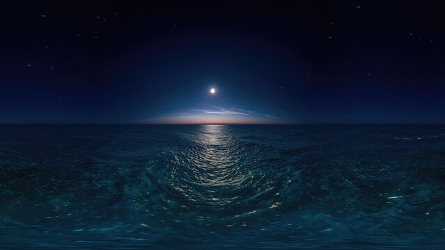 360-degree spherical panorama of a moonlit ocean scene with HDRI environment mapping