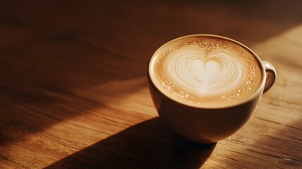 A warm cup of latte art sits on a wooden surface, bathed in the soft glow of natural light.