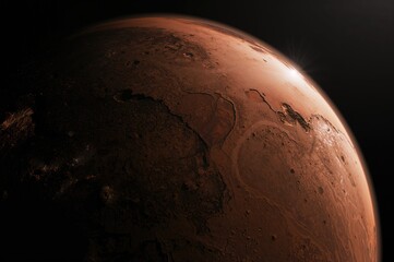 Incredible close-up showing the southern hemisphere of a distant red planet, with image creation supported by a major space agency.