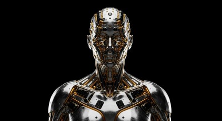 Futuristic Metallic Cyborg Bust on Black Background