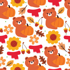 cute cartoon bear and autumn falls element drawing. autumn vibe for seamless pattern and wallpaper