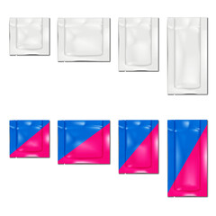 Sachet with tear notches. 3d mockup. Blank white and color design. Easy to edit. Flat plastic pouch bag. Realistic vector mock-up. Retail product individual wrapper package. Template set