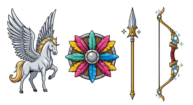Majestic Pegasus with Fantasy Weapons: Spear, Bow, and Feathered Shield