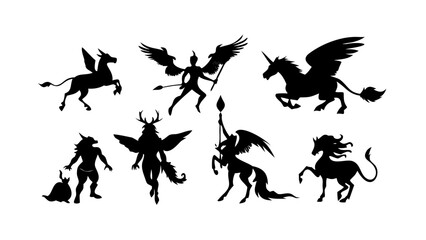 Naklejka premium Unicorn pegasus silhouette mystical creatures fantasy animal winged horse mythical being vector art design set