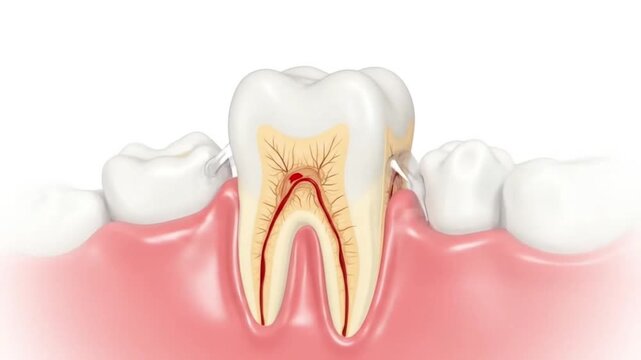 Detailed animation showcasing tooth decay progressing to root canal infection in the jaw