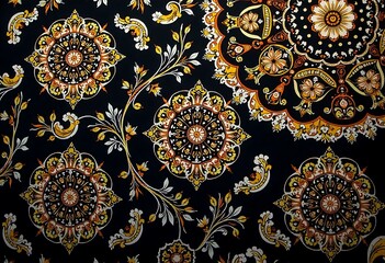 Luxurious Black Fabric with Ornate Floral and Geometric Patterns