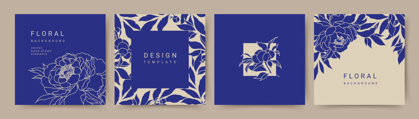 Elegant luxury blue background with hand drawn floral pattern. Floral frame. Vector templates for wedding invitation, greeting card, packaging, branding, design, social media