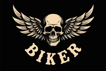 Biker vector t-shirt design with human skull, wings,
inscription on black background.
Fashionable print for fabric, paper, men clothing,
hoodie, biker jacket. Tattoo template.