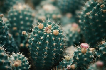 Fototapeta premium Close-up view of clustered green cacti with blurred background