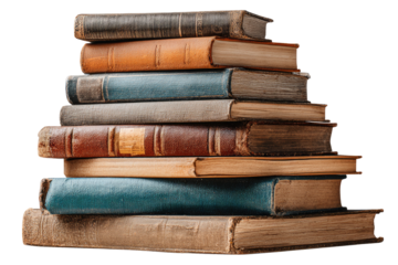 A stack of aged books, various colors and textures
