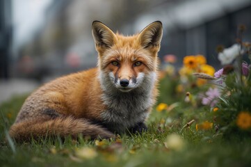 Obraz premium Close-up of a red fox resting on grass in a city environment