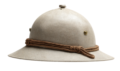 Beige safari helmet, profile view.  Light tan,  rounded crown,  wide brim,  brown cord,  and metal fasteners