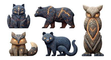 Colorful Stylized Animal Figures with Unique Patterns and Illuminated Features