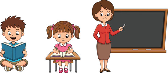 Happy cartoon children reading and writing in classroom, female teacher teaching with chalkboard, fun education concept for kids learning