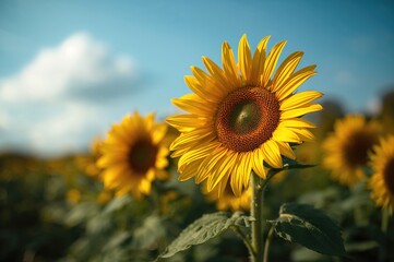 Obraz premium Detailed view of vibrant yellow sunflowers in full bloom undergoing photosynthesis