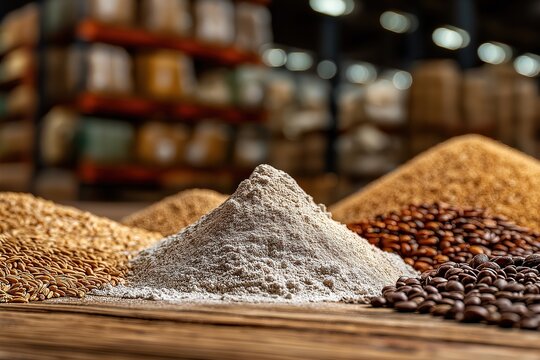 Freshly milled grain pile surrounded by flour and beans on wooden table, in industrial warehouse with various grains, emphasizing hard work and daily fresh nourishment for cooking and healthy life