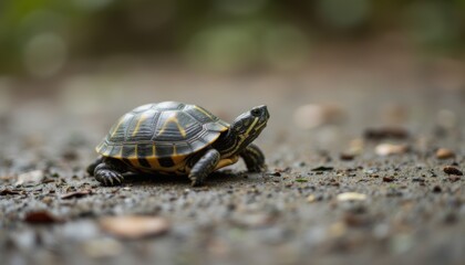Obraz premium A Small Turtle Taking a Slow and Steady Journey Down a Forest Path