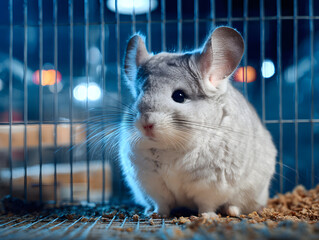 Obraz premium Close up of chinchilla sitting inside clean cage fluffy fur soft lighting adorable expression pet rodent domestic animal blue background relaxed mood
