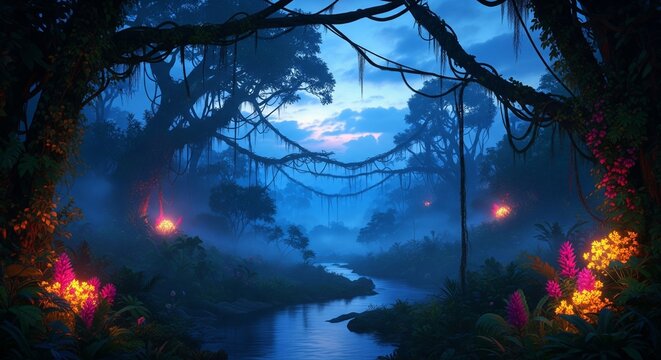 Enchanting bioluminescent jungle at dusk with a winding river and magical glowing flora, mystical ambiance.