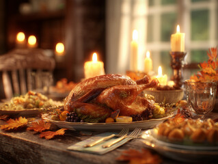 Thanksgiving Dinner Table with Turkey