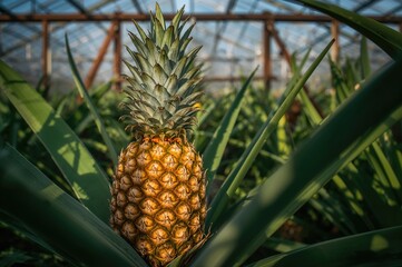 Close-up view of a natural sweet pineapple thriving inside a transparent greenhouse.