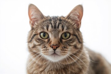 Obraz premium Detailed close-up of a tabby feline against a blurred light backdrop