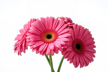 Close-up view of vibrant pink gerbera flowers against a plain white background with ample space