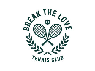 Vintage tennis club logo design with crossed racquets and a laurel wreath. Retro sports emblem for a tournament or team identity. Vector graphic badge illustration