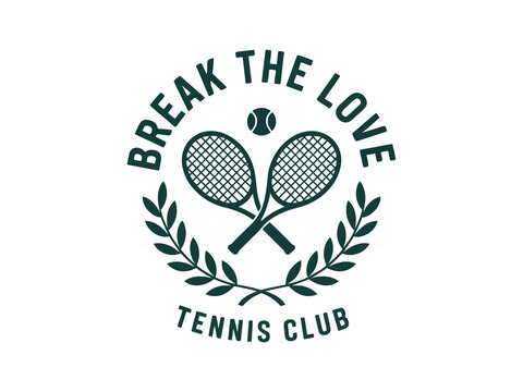 Vintage tennis club logo design with crossed racquets and a laurel wreath. Retro sports emblem for a tournament or team identity. Vector graphic badge illustration