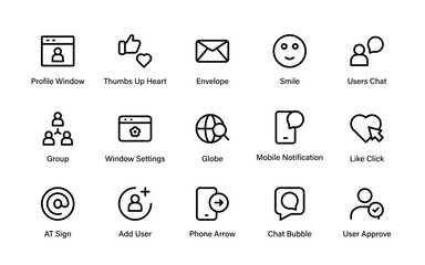 Social influencer professional modern line icon collection of minimal vector outline illustrations of followers, subscribers, content, and trending online media