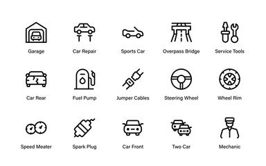 Modern Vehicle Repair Line Icon Set. Professional Car Service, Garage Tools, Automotive Equipment, and Engine Maintenance Vector Illustration Collection