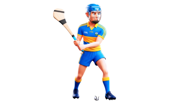3d cartoon hurling player dynamic strike, gaelic power, blue jersey, intense focus, irish sport action, isolated on transparent background