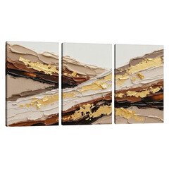Abstract textured landscape triptych with gold accents isolated on transparent background