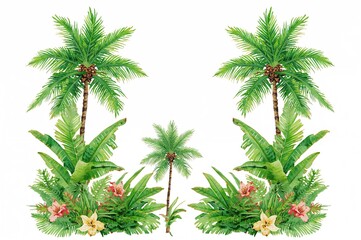 Watercolor illustration of a lush green palm tree on a plain white backdrop